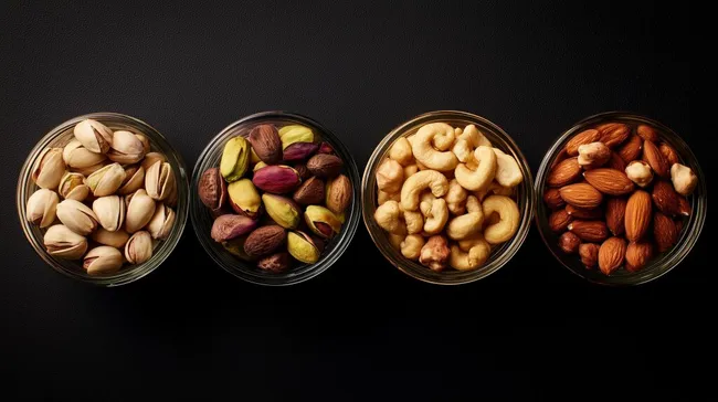 Vielfalt an köstlichen Nüssen auf schwarzem Hintergrund