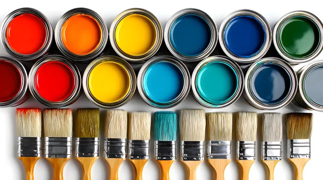 Vielfalt an Malfarben in Dosen und Pinseln