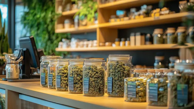 Vielfalt an natürlichen Hanfprodukten in Glasbehältern