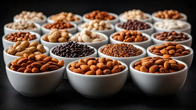 Vielfalt an Nüssen in weißen Schalen