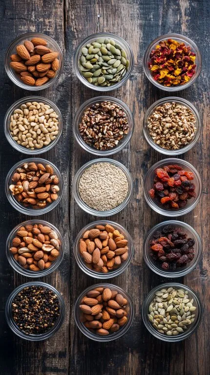 Vielfalt an Nüssen, Samen und Trockenfrüchten in Glasbehältern