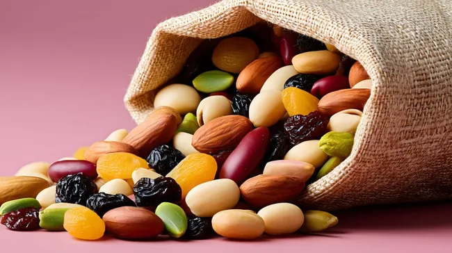 Vielfalt an Nüssen und Trockenfrüchten in Jutetasche