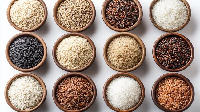 Vielfalt an Reissorten in hölzernen Schüsseln