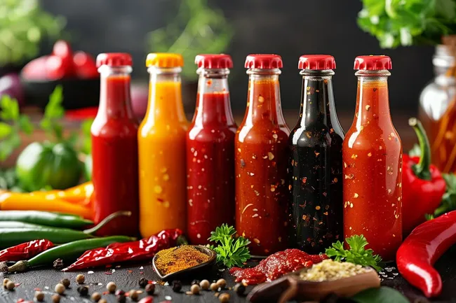 Vielfalt an würzigen Saucen und Gewürzen