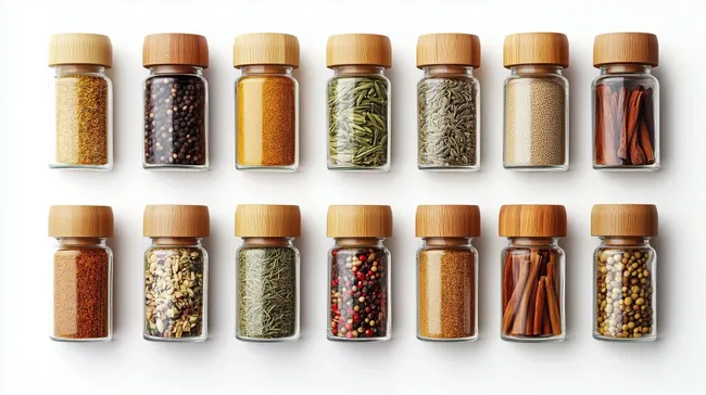 Vielfalt aromatischer Gewürze in Glasflaschen