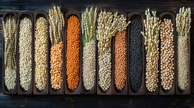 Vielfalt der Getreidesorten in rustikalen Holzkästen