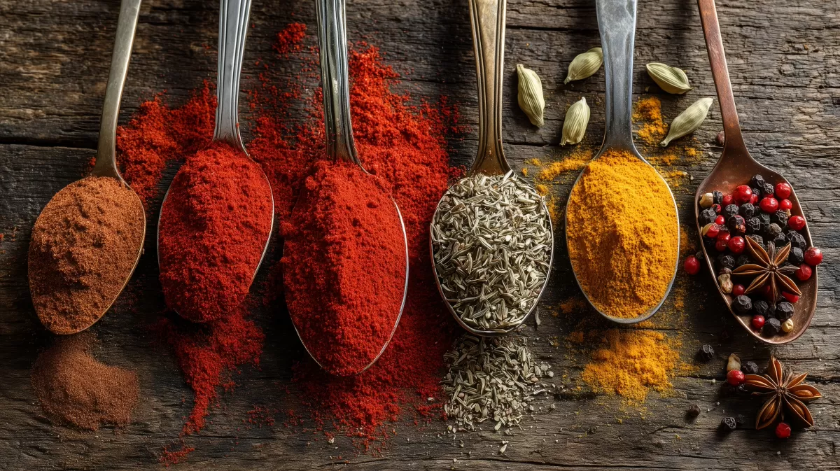 Vielfalt der Gewürze und Gewürzzutaten auf Holztisch