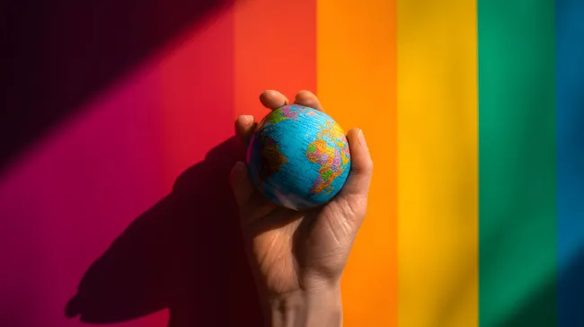 Vielfalt der Welt: Bunte Hände halten Globus vor Farbspektrum