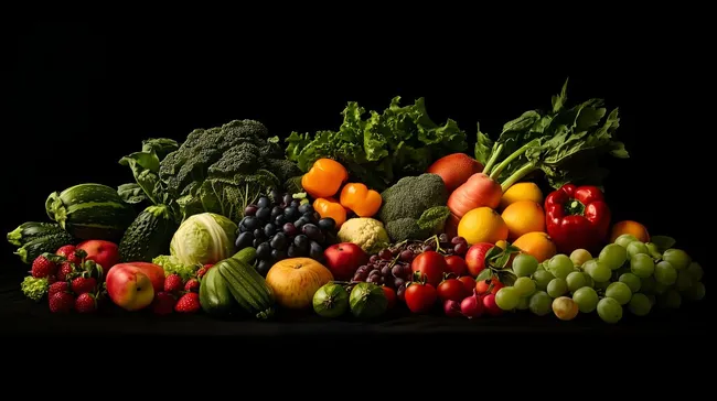 Vielfalt frischer Obst- und Gemüsesorten auf dunklem Hintergrund