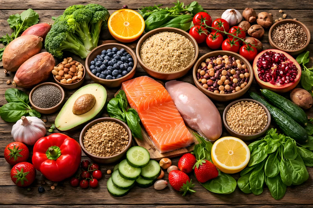 Vielfalt gesunder Lebensmittel auf Holztisch