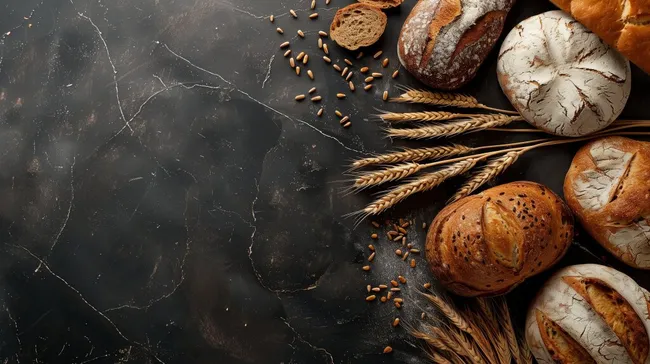 Vielfalt handgefertigter Brotsorten auf dunklem Hintergrund