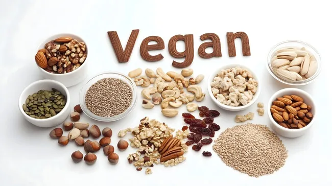 Vielfalt veganer Nahrungsmittel auf weißem Hintergrund