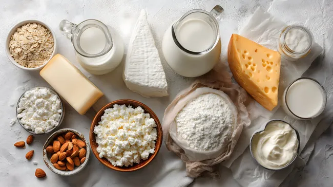 Vielfalt von Milchprodukten und Käse auf Marmor