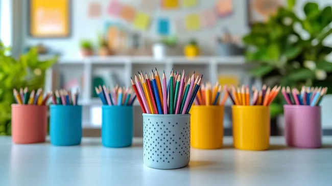 Vielfarbige Buntstifte in Neon-Bechern auf hellem Schreibtisch