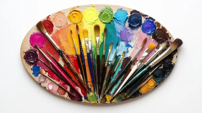 Vielfarbige Malerpalette mit Pinseln