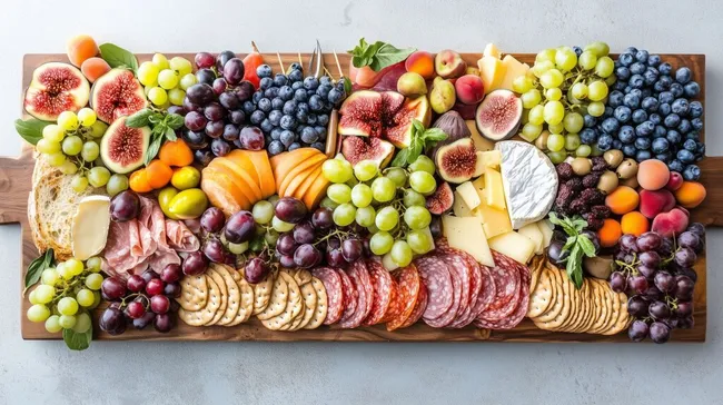 Vielfarbige Obst- und Käseplatte auf Holzbrett