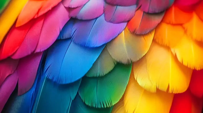 Vielfarbige Papageienfedern in zarter Beleuchtung