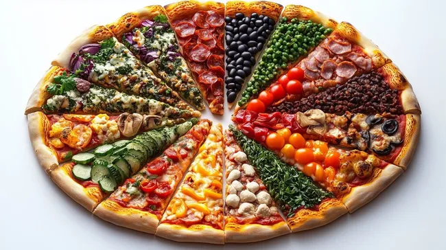 Vielfarbige Pizza mit frischen Zutaten in radialer Anordnung