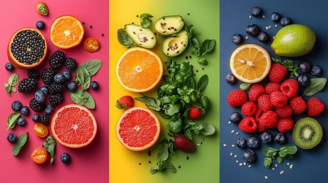 Vielfarbige und köstliche Obst- und Gemüsestillleben