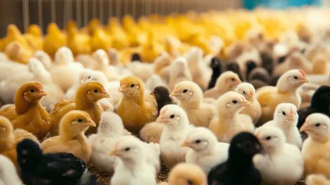 Vielzahl bunter Küken auf Geflügelfarm