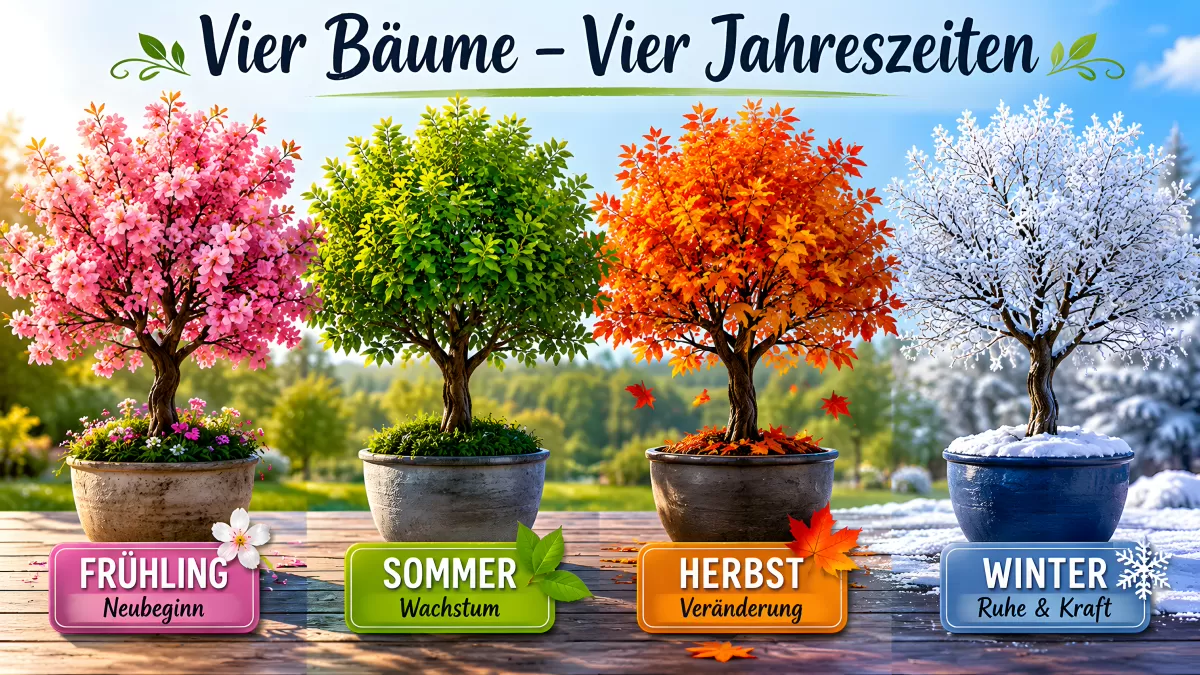 Vier Bäume in Töpfen zeigen alle Jahreszeiten