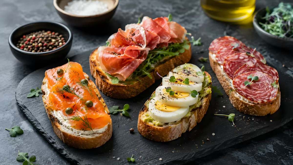 Vier belegte Brote mit Lachs, Prosciutto und Ei