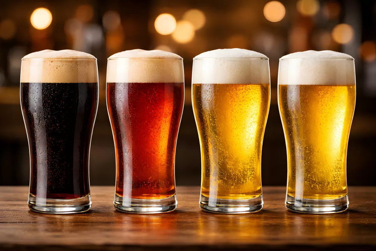 Vier Biergläser in verschiedenen Farben auf Holztheke