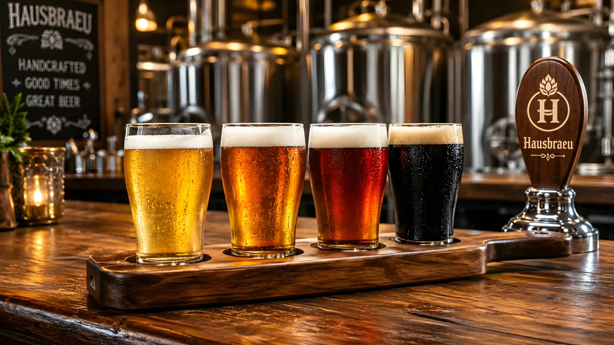 Vier Biersorten im Flight auf Holzbrett in Brauerei