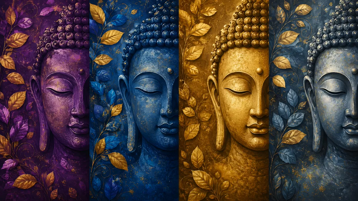 Vier Buddha-Köpfe in Lila, Blau, Gold und Grau