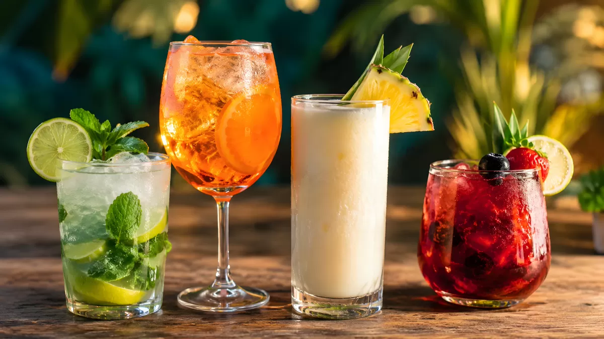 Vier bunte Sommercocktails auf rustikalem Holztisch