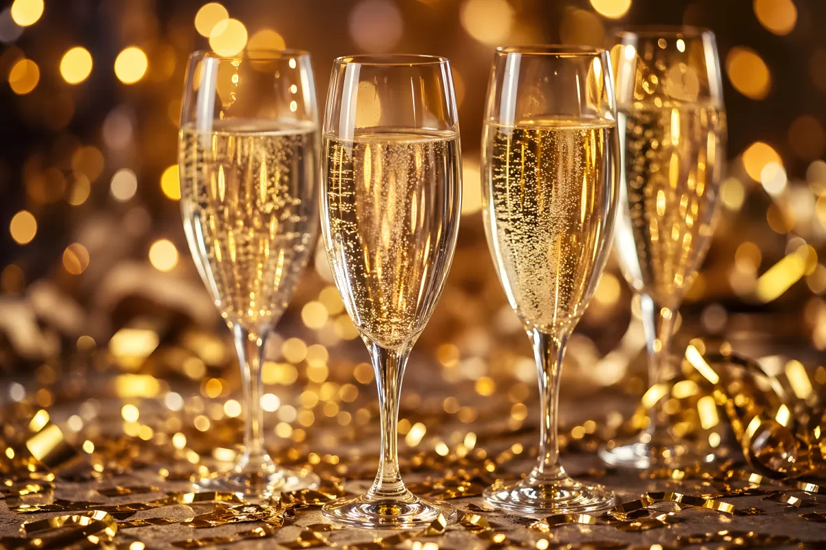 Vier Champagnergläser mit Goldkonfetti und Bokeh