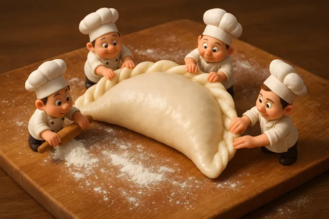 Vier freudige Köche formen köstlichen Teigling