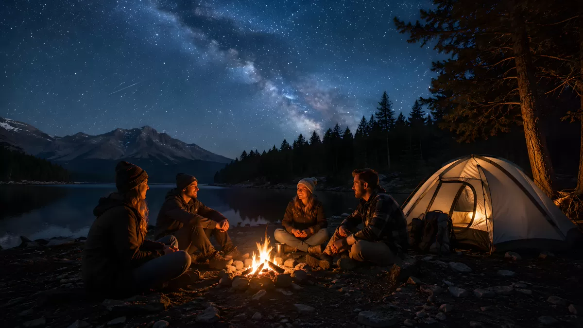 Vier Freunde am Lagerfeuer unter dem Sternenhimmel
