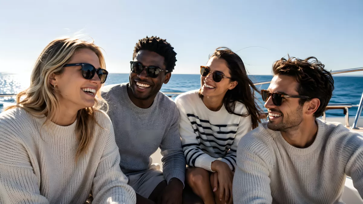 Vier Freunde lachen auf einem Segelboot im Sommer