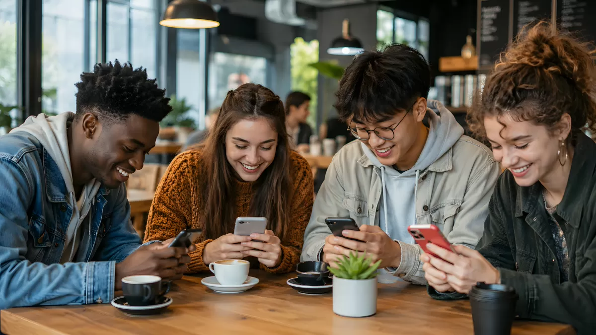 Vier Freunde lachen gemeinsam im Café mit Smartphones