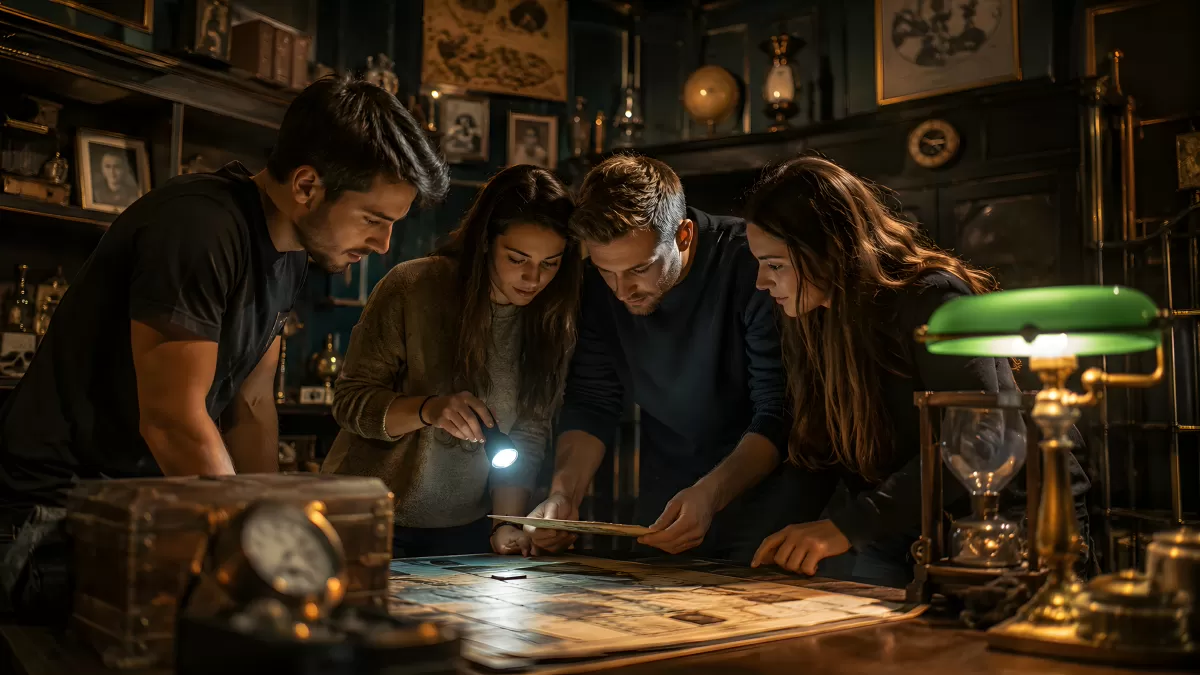 Vier Freunde lösen Rätsel in einem Escape Room