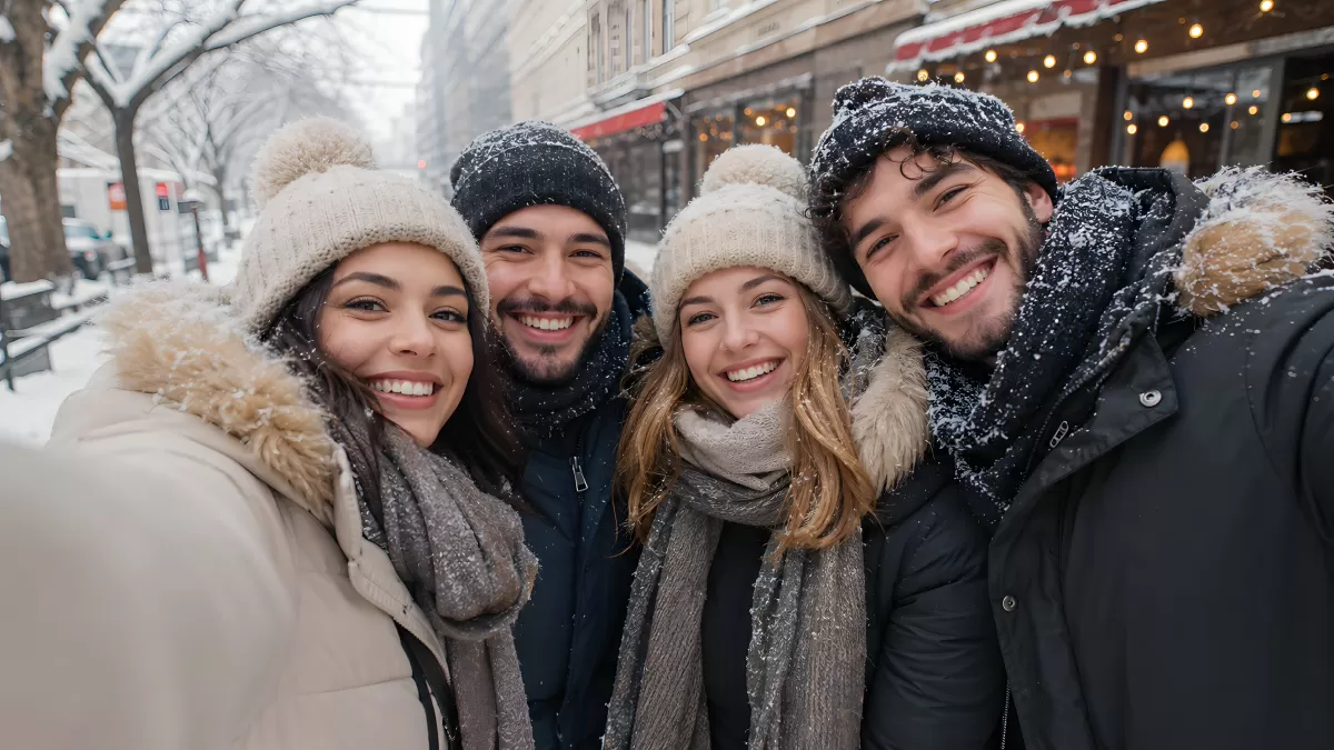 Vier Freunde machen Selfie im verschneiten Winter