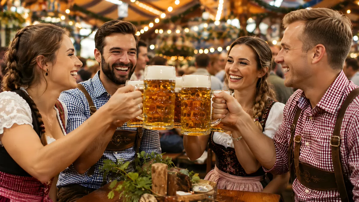 Vier Freunde prosten mit Maßkrügen auf der Wiesn