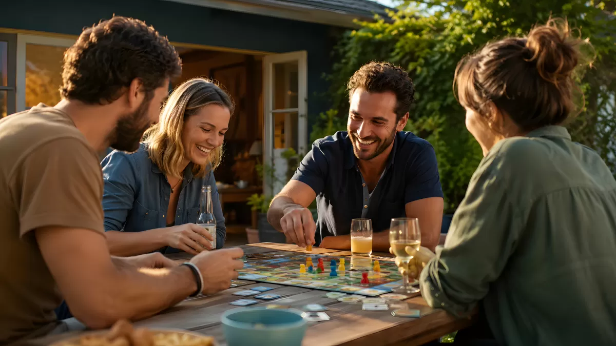 Vier Freunde spielen Brettspiel im Garten bei Sonnenschein