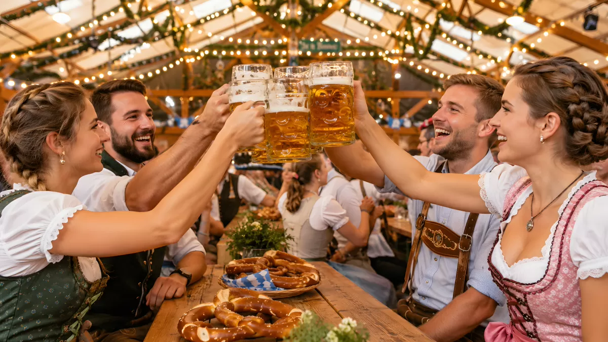 Vier Freunde stoßen mit Maßkrügen auf dem Oktoberfest an