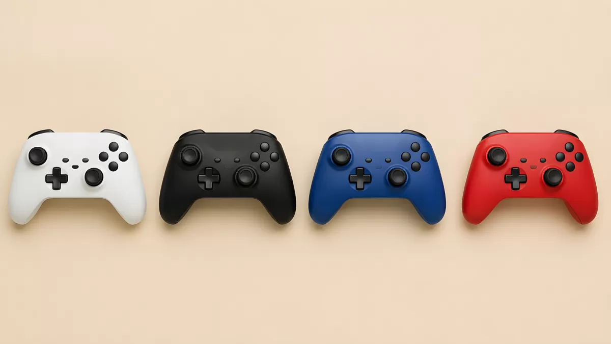 Vier Gamecontroller in verschiedenen Farben auf beigem Hintergrund