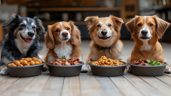 Vier glückliche Hunde genießen ihr leckeres Futter