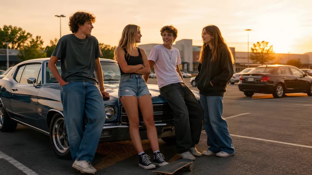 Vier Jugendliche lehnen an einem Oldtimer im Sonnenuntergang