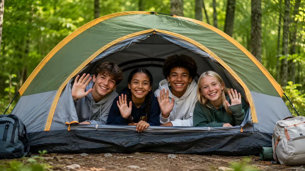 Vier Jugendliche winken aus grünem Campingzelt im Wald