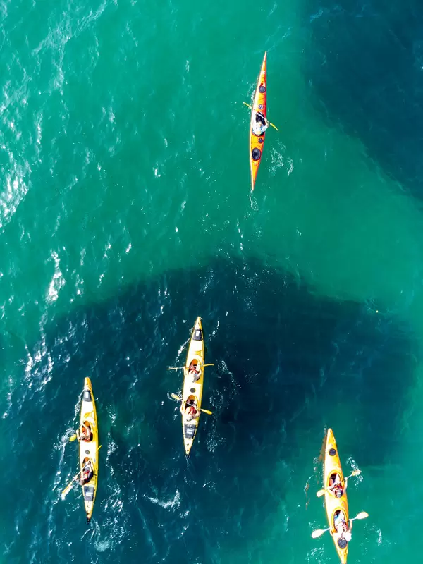 Vier Kajaks im türkisen Wasser vor Kastani Strand. Drohnenaufnahme von aktivem Urlaub auf Skopelos