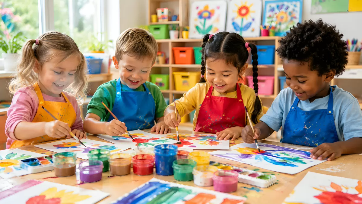 Vier Kinder malen gemeinsam im Kunstunterricht