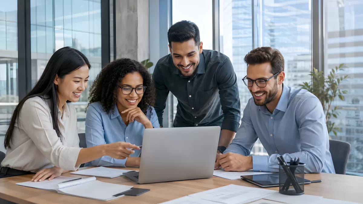 Vier Kollegen arbeiten gemeinsam am Laptop im Büro