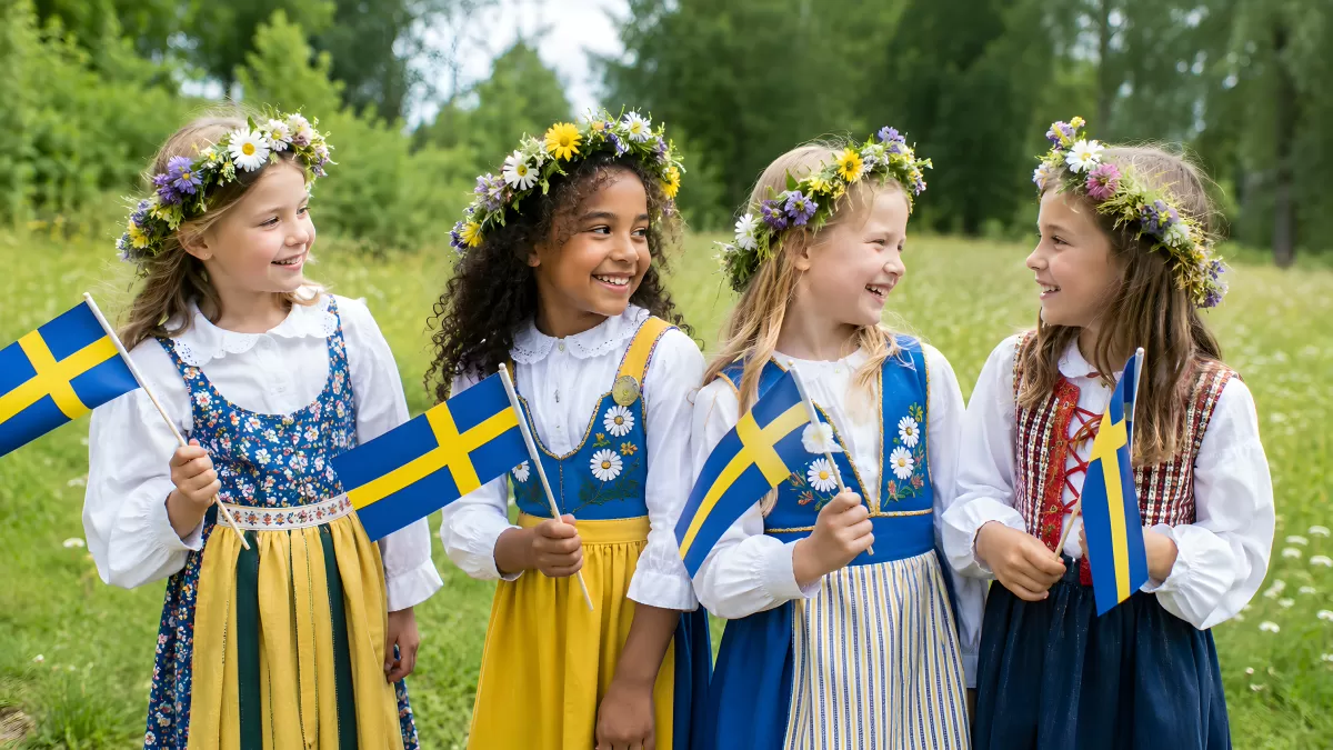 Vier Mädchen in Tracht feiern Midsommar und Nationalfeiertag