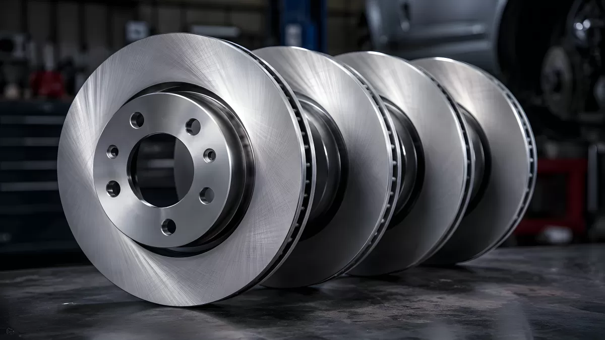 Vier neue Bremsscheiben in einer Autowerkstatt
