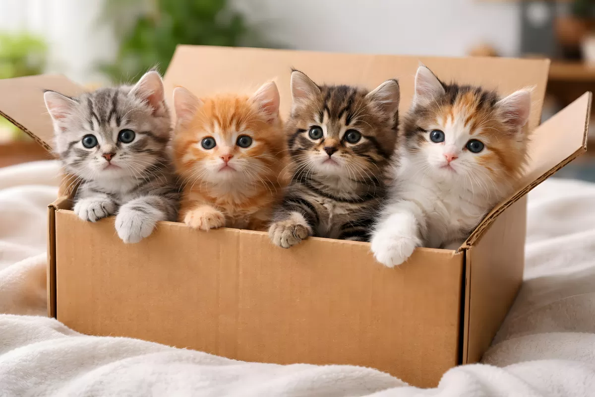 Vier niedliche Katzenbabys in einem Pappkarton